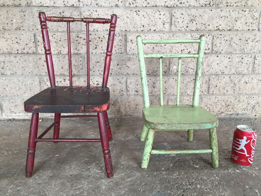 Pair Of Shabby Chic Children Or Doll Wooden Chairs Distressed Paint