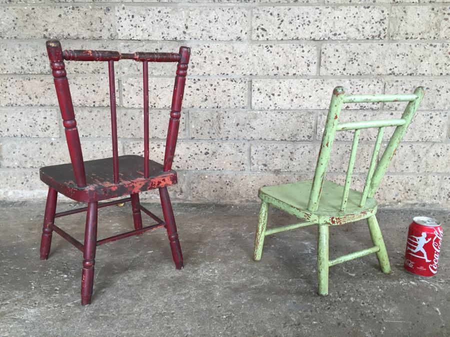Pair Of Shabby Chic Children Or Doll Wooden Chairs Distressed Paint [Photo 9]