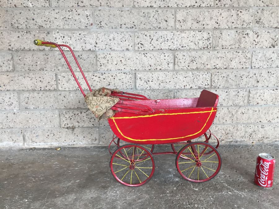 Vintage Child's Wood And Metal Baby Toy Stroller