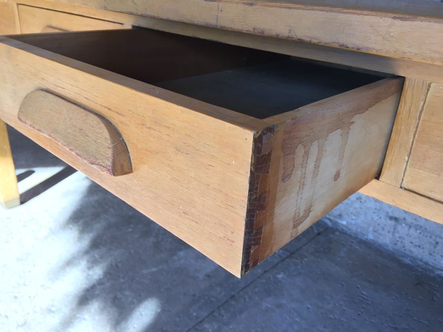 Vintage Wooden Library Table Desk With Two Drawers From Los Angeles School [Photo 5]