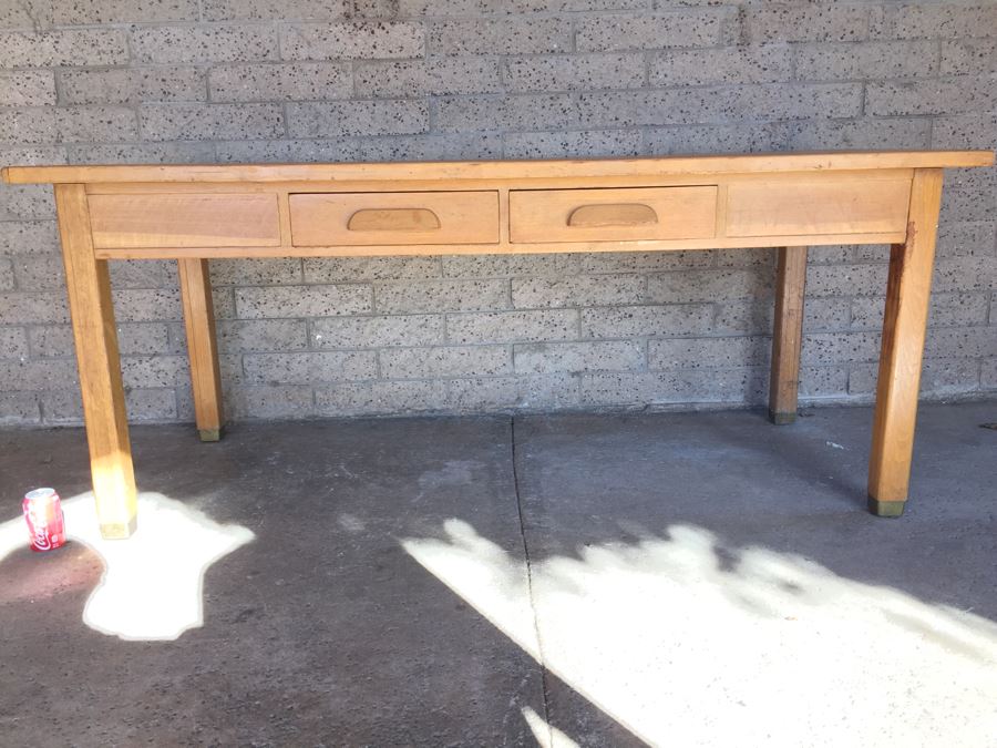Vintage Wooden Library Table Desk With Two Drawers From Los Angeles School [Photo 4]