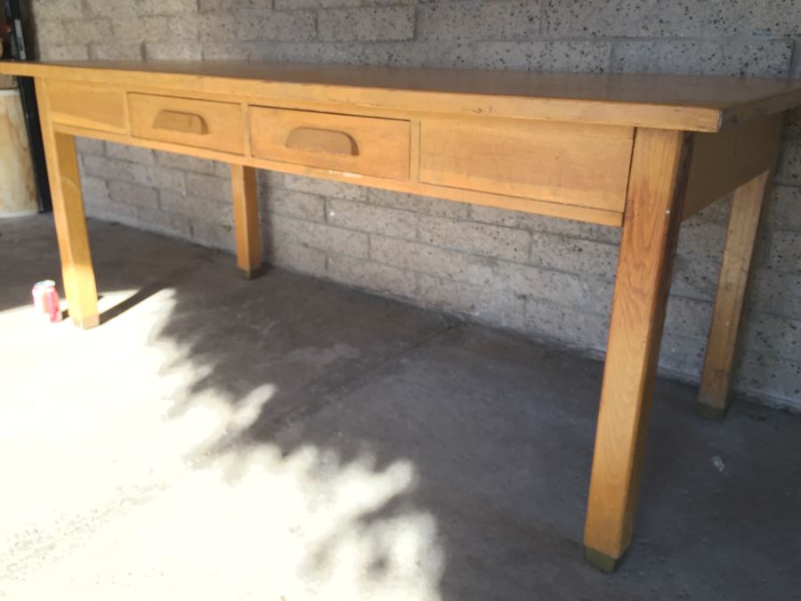 Vintage Wooden Library Table Desk With Two Drawers From Los Angeles School [Photo 2]