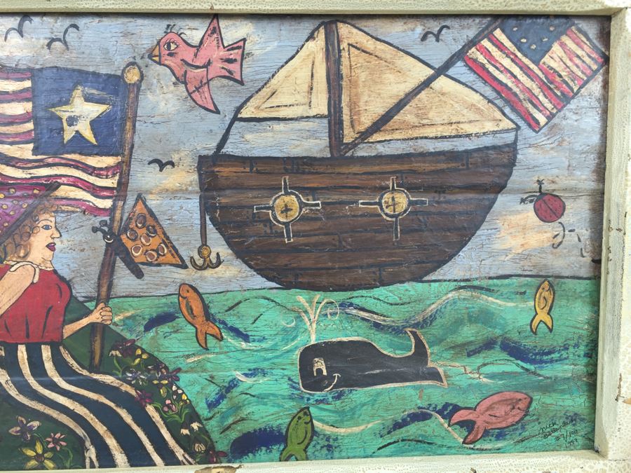 Contemporary 1999 Original Folk Art Painting Hand Signed By Nick Bollenbach In Antique Frame [Photo 11]