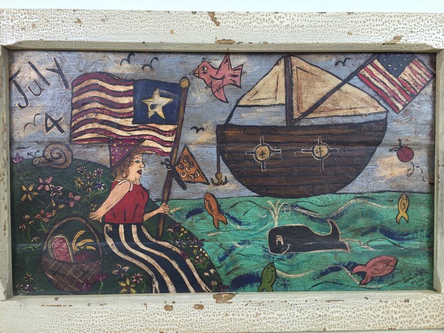 Contemporary 1999 Original Folk Art Painting Hand Signed By Nick Bollenbach In Antique Frame [Photo 12]