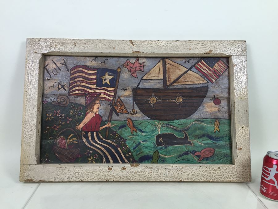 Contemporary 1999 Original Folk Art Painting Hand Signed By Nick Bollenbach In Antique Frame [Photo 4]