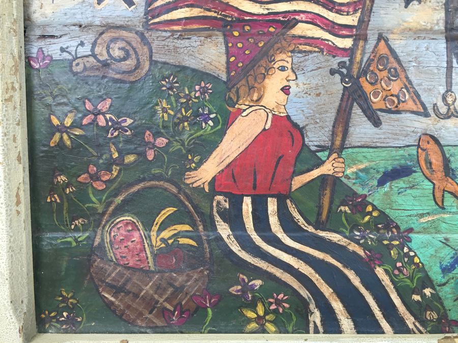 Contemporary 1999 Original Folk Art Painting Hand Signed By Nick Bollenbach In Antique Frame [Photo 2]