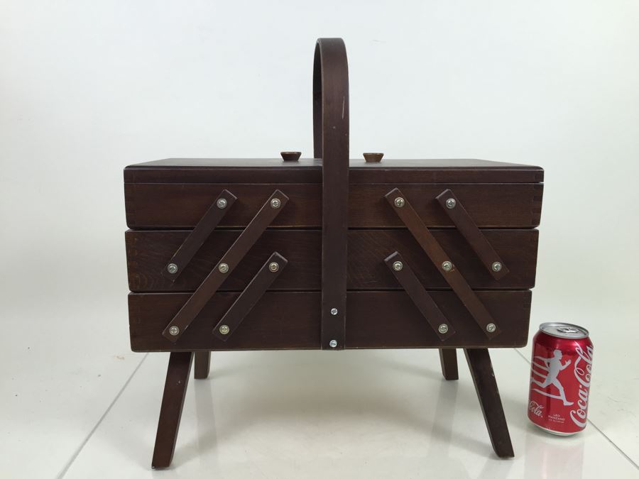 Vintage Folding Fold Out Sewing Basket Box Filled With Sewing Supplies [Photo 4]