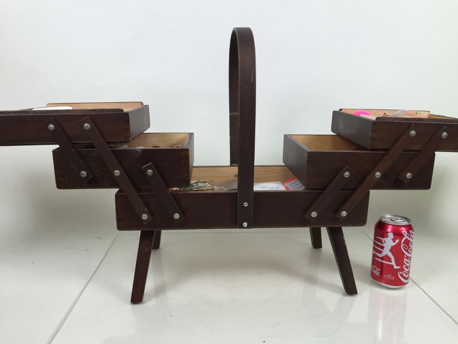 Vintage Folding Fold Out Sewing Basket Box Filled With Sewing Supplies [Photo 2]