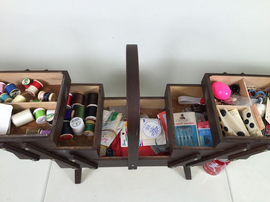 Vintage Folding Fold Out Sewing Basket Box Filled With Sewing Supplies [Photo 3]