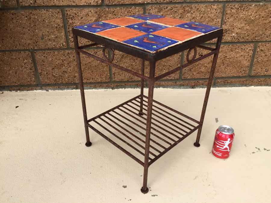 Outdoor Metal 2Tier Table With Painted Tile Top