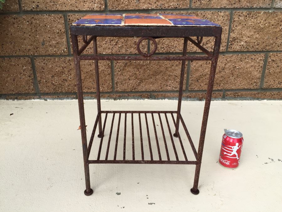 Outdoor Metal 2-Tier Table With Painted Tile Top [Photo 1]