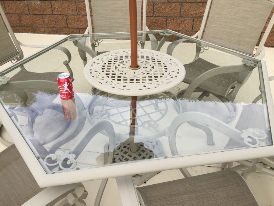 Outdoor Patio Table With Six Swivel Chairs And Umbrella [Photo 5]
