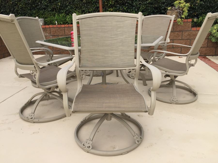 Outdoor Patio Table With Six Swivel Chairs And Umbrella [Photo 8]