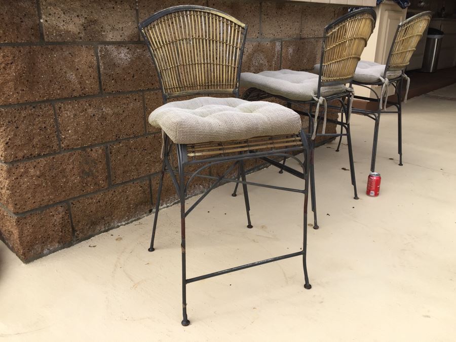 Set Of 3 Vintage Metal And Bamboo Bar Stool Chairs With Cushions [Photo 2]