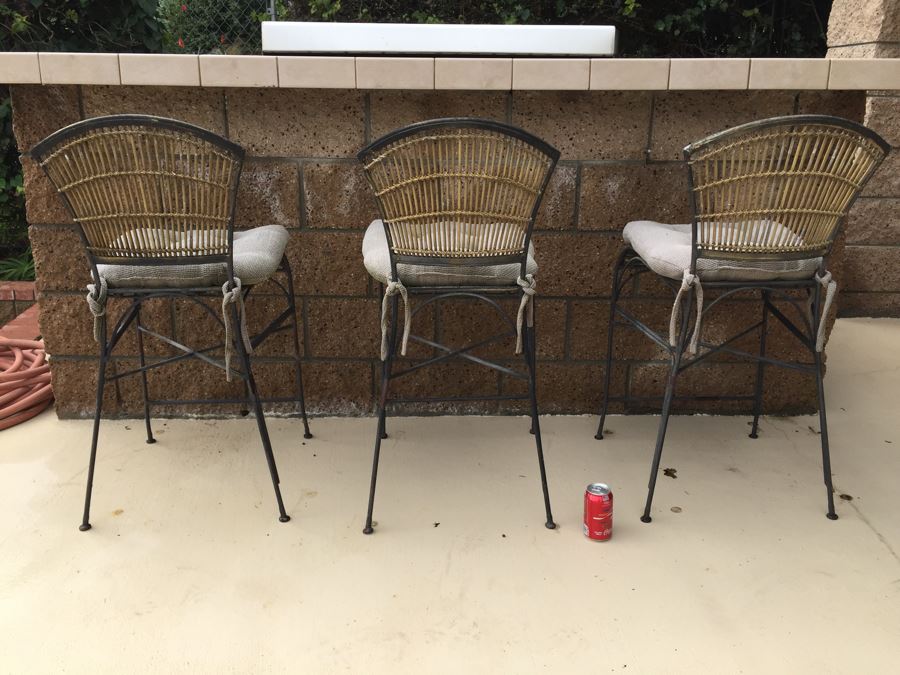 Set Of 3 Vintage Metal And Bamboo Bar Stool Chairs With Cushions [Photo 1]