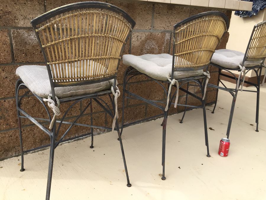 Set Of 3 Vintage Metal And Bamboo Bar Stool Chairs With Cushions [Photo 4]
