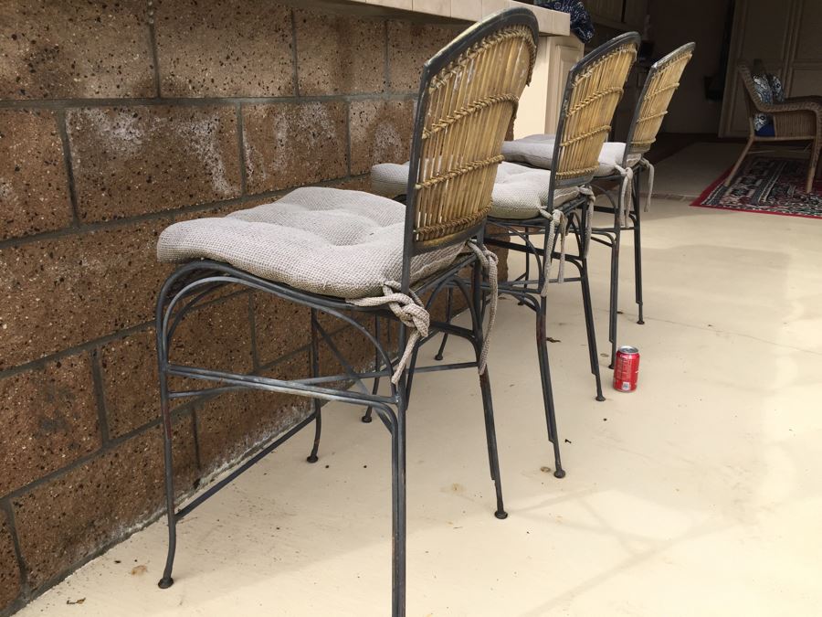 Set Of 3 Vintage Metal And Bamboo Bar Stool Chairs With Cushions [Photo 5]