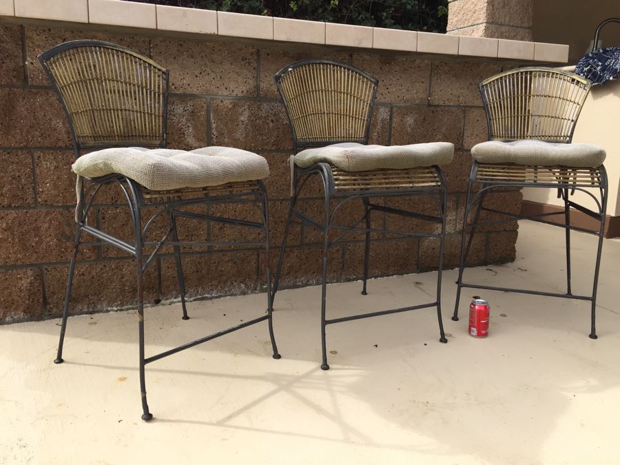 Set Of 3 Vintage Metal And Bamboo Bar Stool Chairs With Cushions [Photo 9]