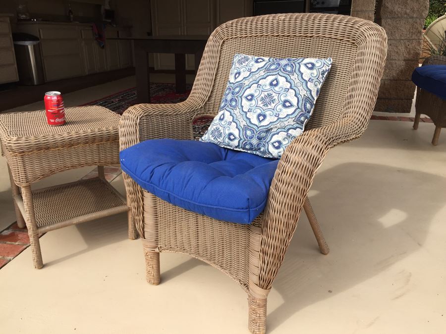 Pair Of Faux Wicker Chairs With Cushions And Pillows Plus Side Table By Hampton Bay [Photo 3]
