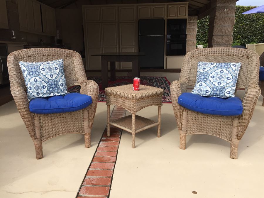 Pair Of Faux Wicker Chairs With Cushions And Pillows Plus Side Table By Hampton Bay [Photo 1]