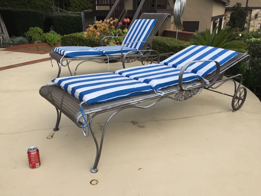 Pair Of Metal Wrought Iron Chaise Lounge Outdoor Chairs With Cushions