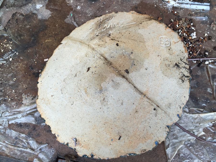 Outdoor Garden Table With Blue English Bench Vice, Various Pots And Partial Weather Vane [Photo 12]