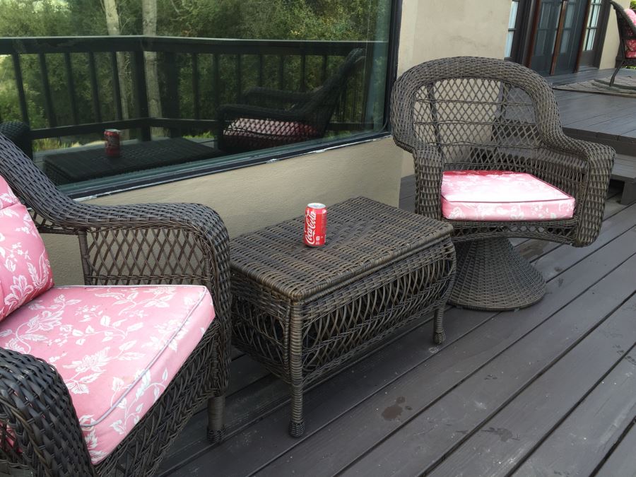 Outdoor Patio Furniture Set With Faux Wicker Chair, Swivel Chair And Table With Storage [Photo 2]