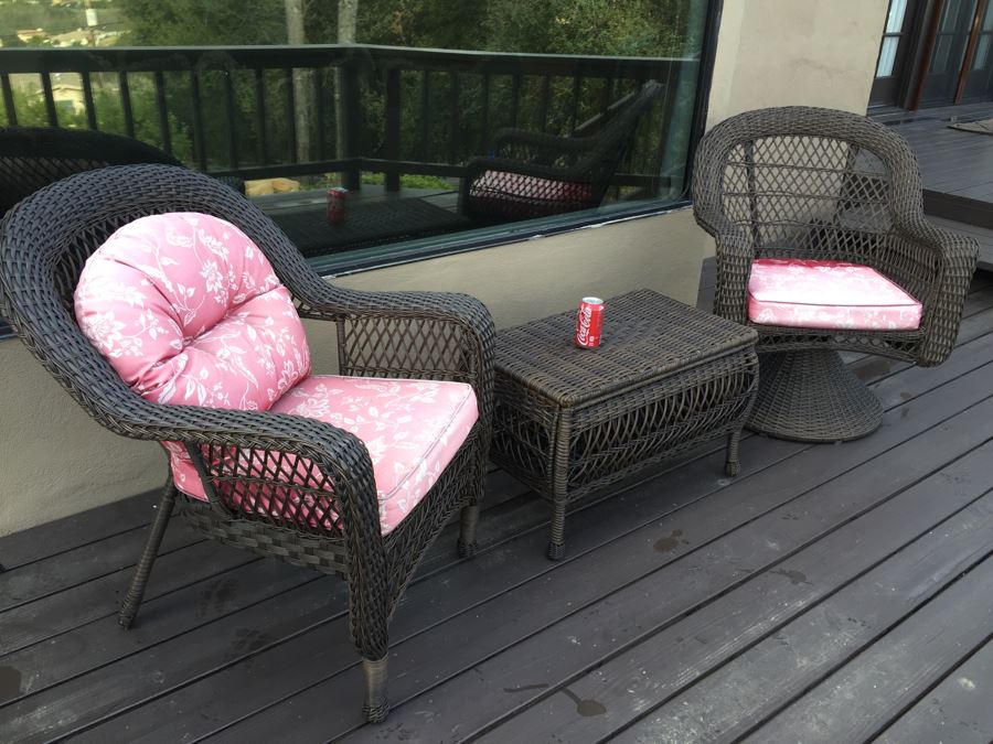 Outdoor Patio Furniture Set With Faux Wicker Chair, Swivel Chair And Table With Storage [Photo 1]