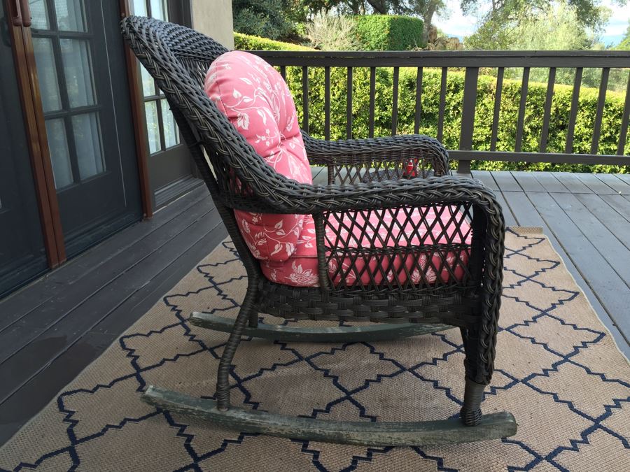 Outdoor Patio Furniture Faux Wicker Rocking Chair And Round Side Table With Storage [Photo 3]