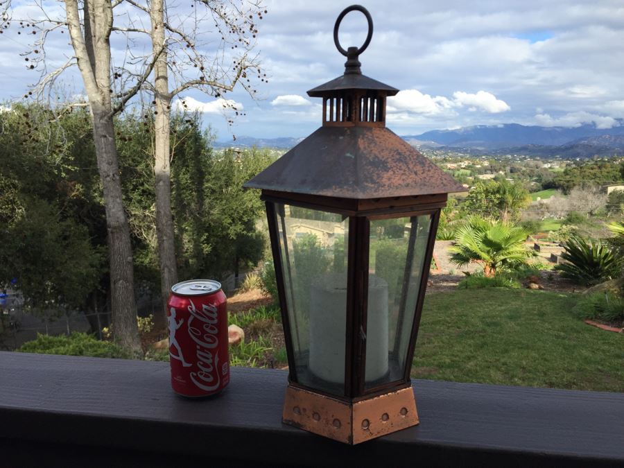 Contemporary Battery Powered Copper And Glass Outdoor Lantern Light