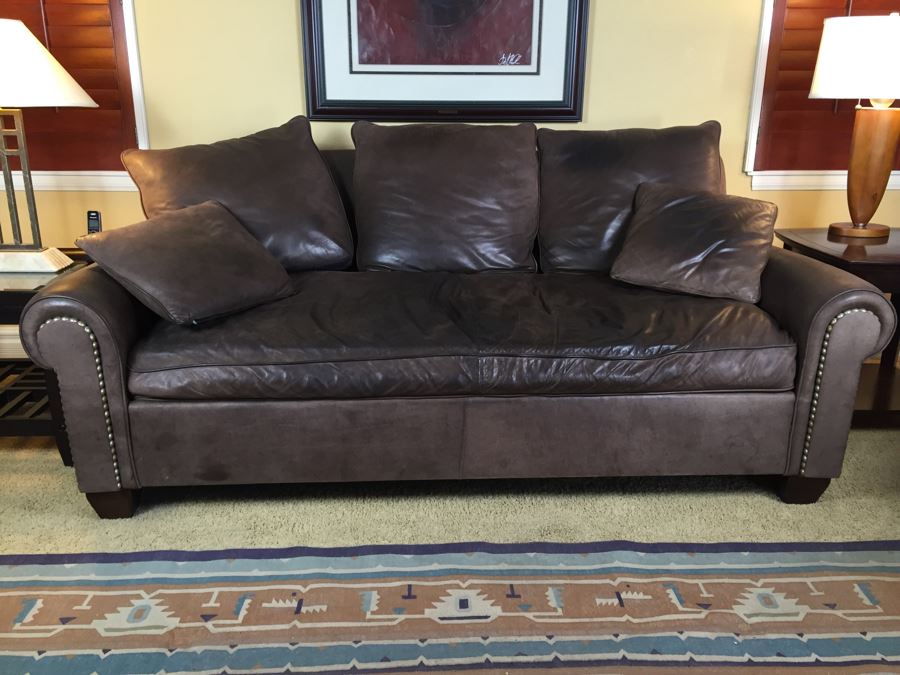 Beautiful Leather Sofa With Brass Studs In Coffee Color