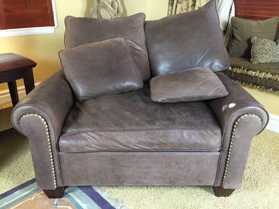 Oversized Beautiful Leather Chair With Brass Studs And Ottoman In Coffee Color [Photo 6]