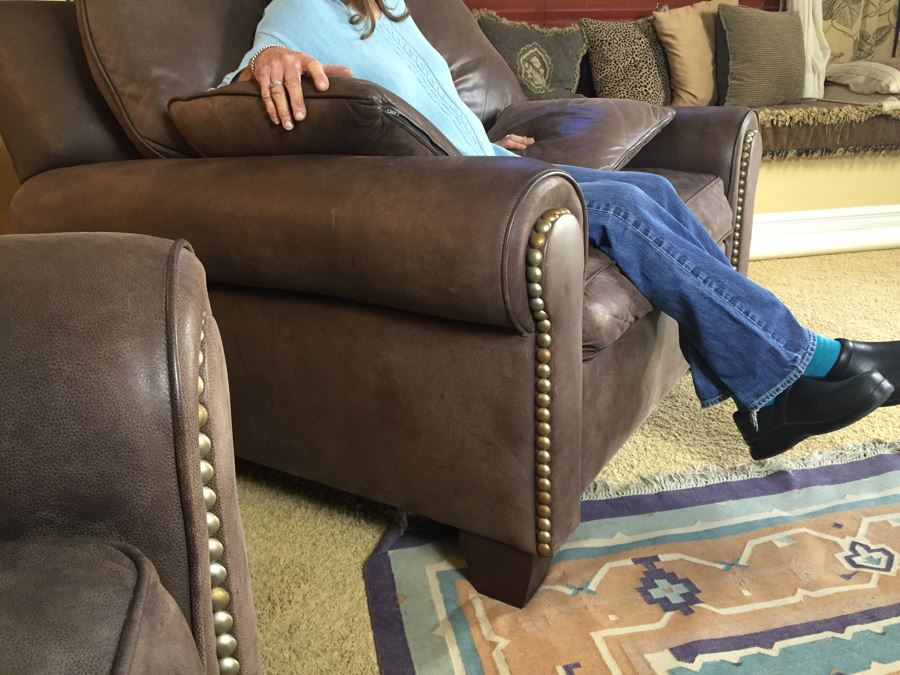 Oversized Beautiful Leather Chair With Brass Studs And Ottoman In Coffee Color [Photo 3]