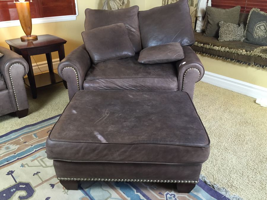 Oversized Beautiful Leather Chair With Brass Studs And Ottoman In Coffee Color