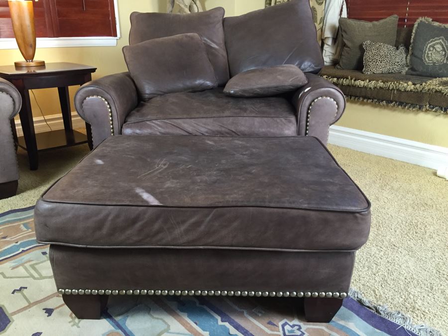 Oversized Beautiful Leather Chair With Brass Studs And Ottoman In Coffee Color [Photo 4]