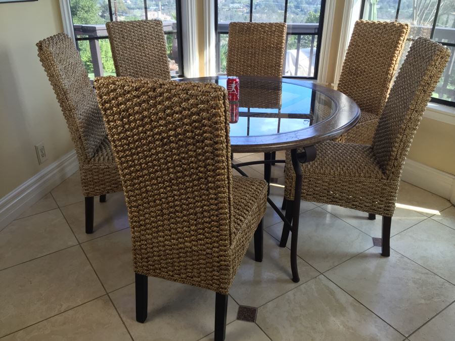 Round Kitchen Table With Six Woven Fiber Rope Chairs
