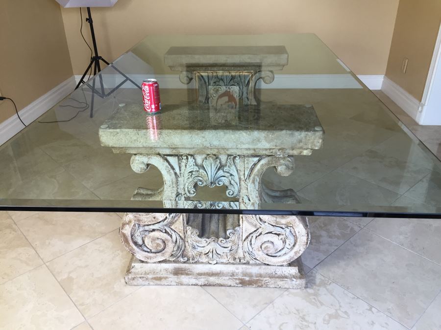 Glass Top Dining Table With Architectural Motif Bases [Photo 2]