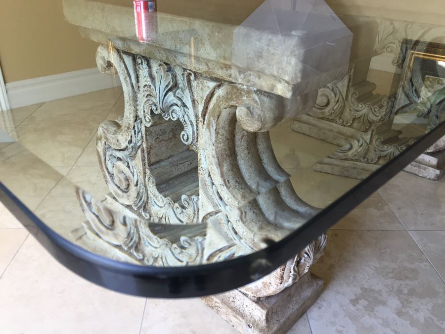 Glass Top Dining Table With Architectural Motif Bases [Photo 9]