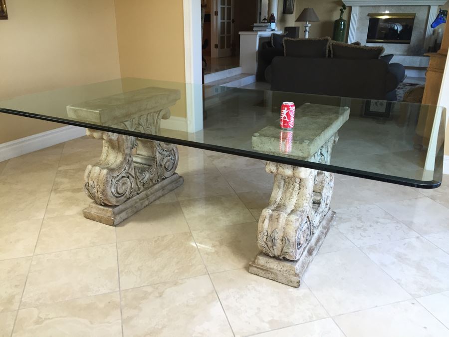 Glass Top Dining Table With Architectural Motif Bases