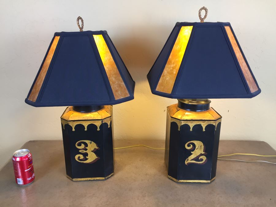 Nice Pair Of Painted Metal Table Lamps With Numbers Two And Three Cloth Covered Cords [Photo 6]