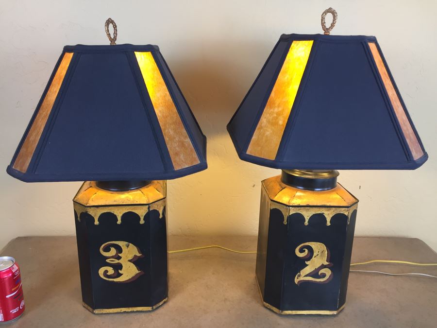 Nice Pair Of Painted Metal Table Lamps With Numbers Two And Three Cloth Covered Cords