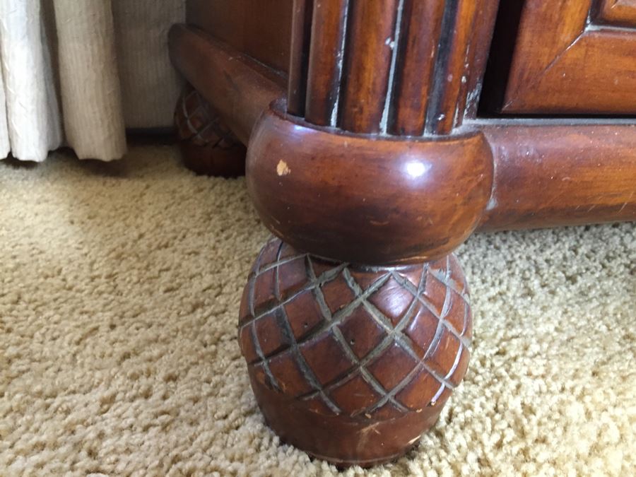 PAIR Of Sturdy Wooden Nightstands With Tropical Motif And Pullout Tray [Photo 7]