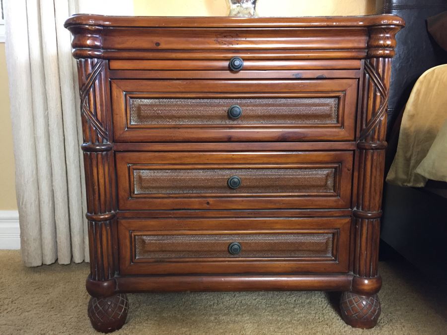 PAIR Of Sturdy Wooden Nightstands With Tropical Motif And Pullout Tray [Photo 5]