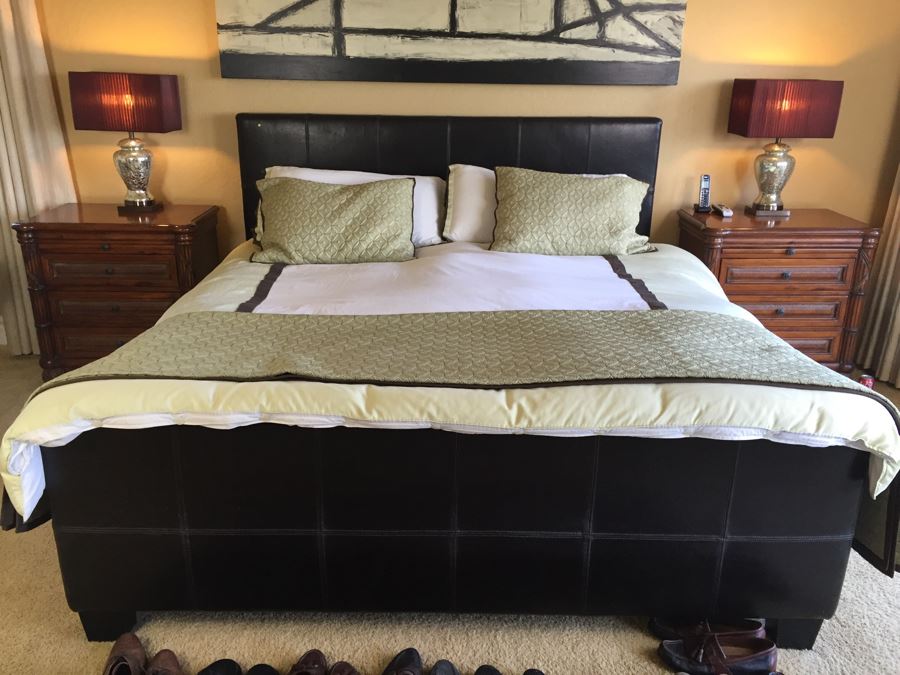 PAIR Of Sturdy Wooden Nightstands With Tropical Motif And Pullout Tray [Photo 4]