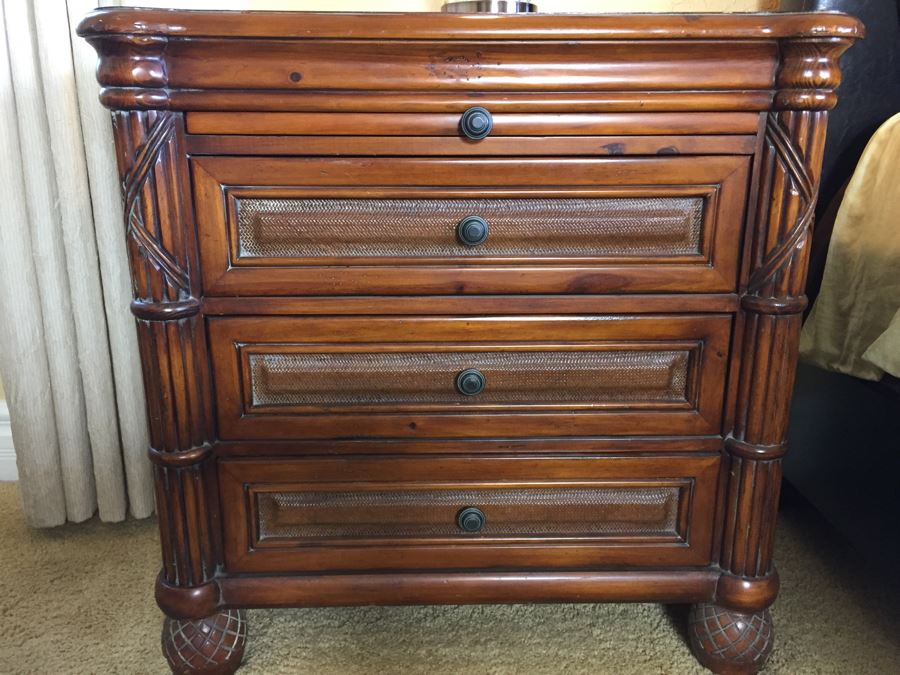 PAIR Of Sturdy Wooden Nightstands With Tropical Motif And Pullout Tray