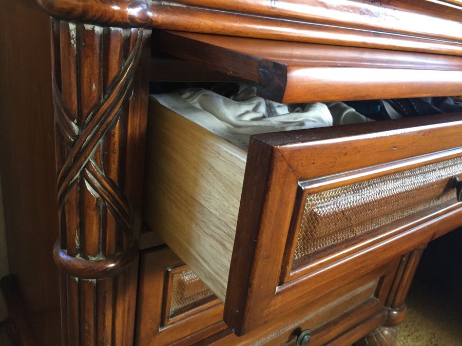 PAIR Of Sturdy Wooden Nightstands With Tropical Motif And Pullout Tray [Photo 2]
