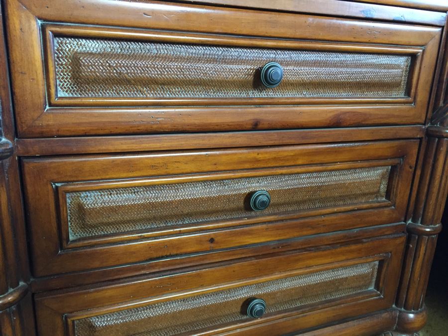 PAIR Of Sturdy Wooden Nightstands With Tropical Motif And Pullout Tray [Photo 6]