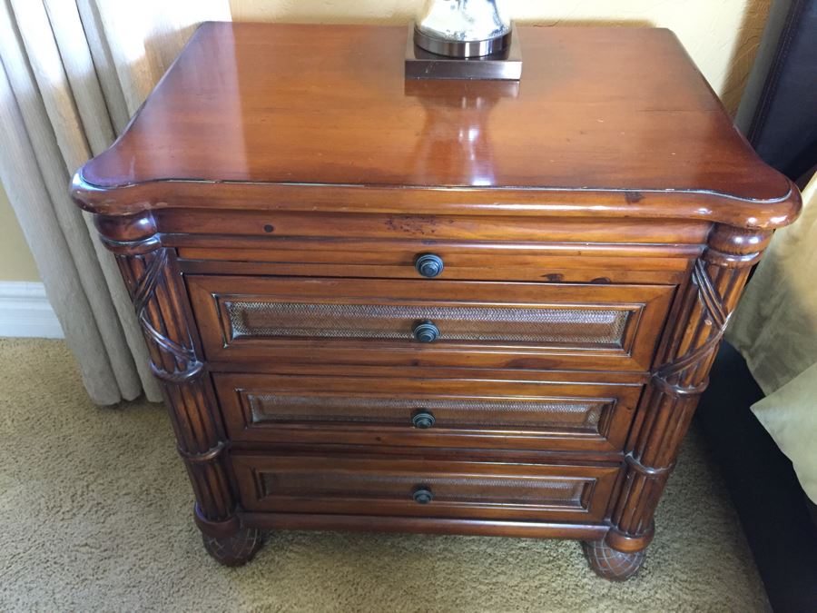 PAIR Of Sturdy Wooden Nightstands With Tropical Motif And Pullout Tray [Photo 9]