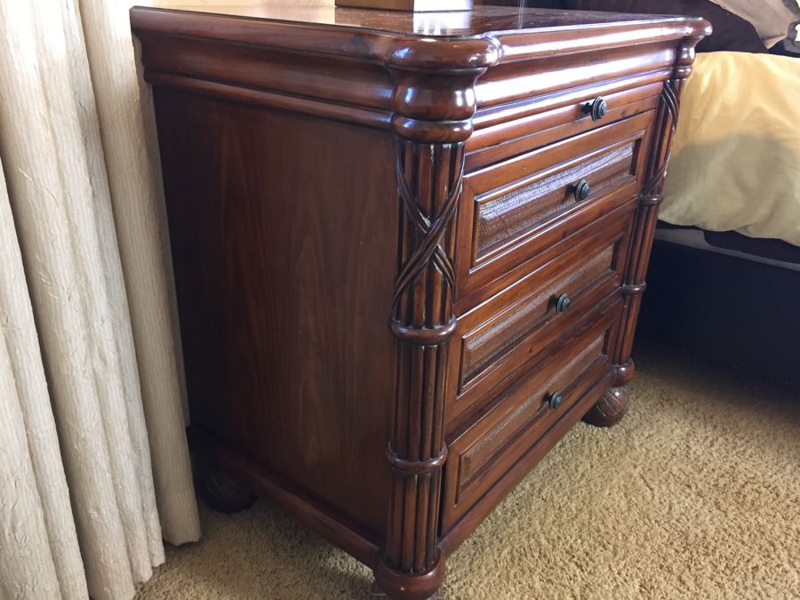 PAIR Of Sturdy Wooden Nightstands With Tropical Motif And Pullout Tray [Photo 3]