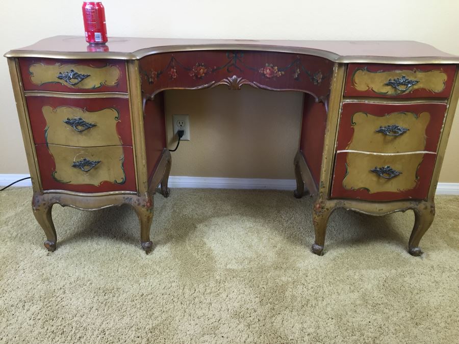 Stunning Vintage Hand Painted Vanity Table By Robert W. Irwin Grand Rapids, MI With Floral Motif